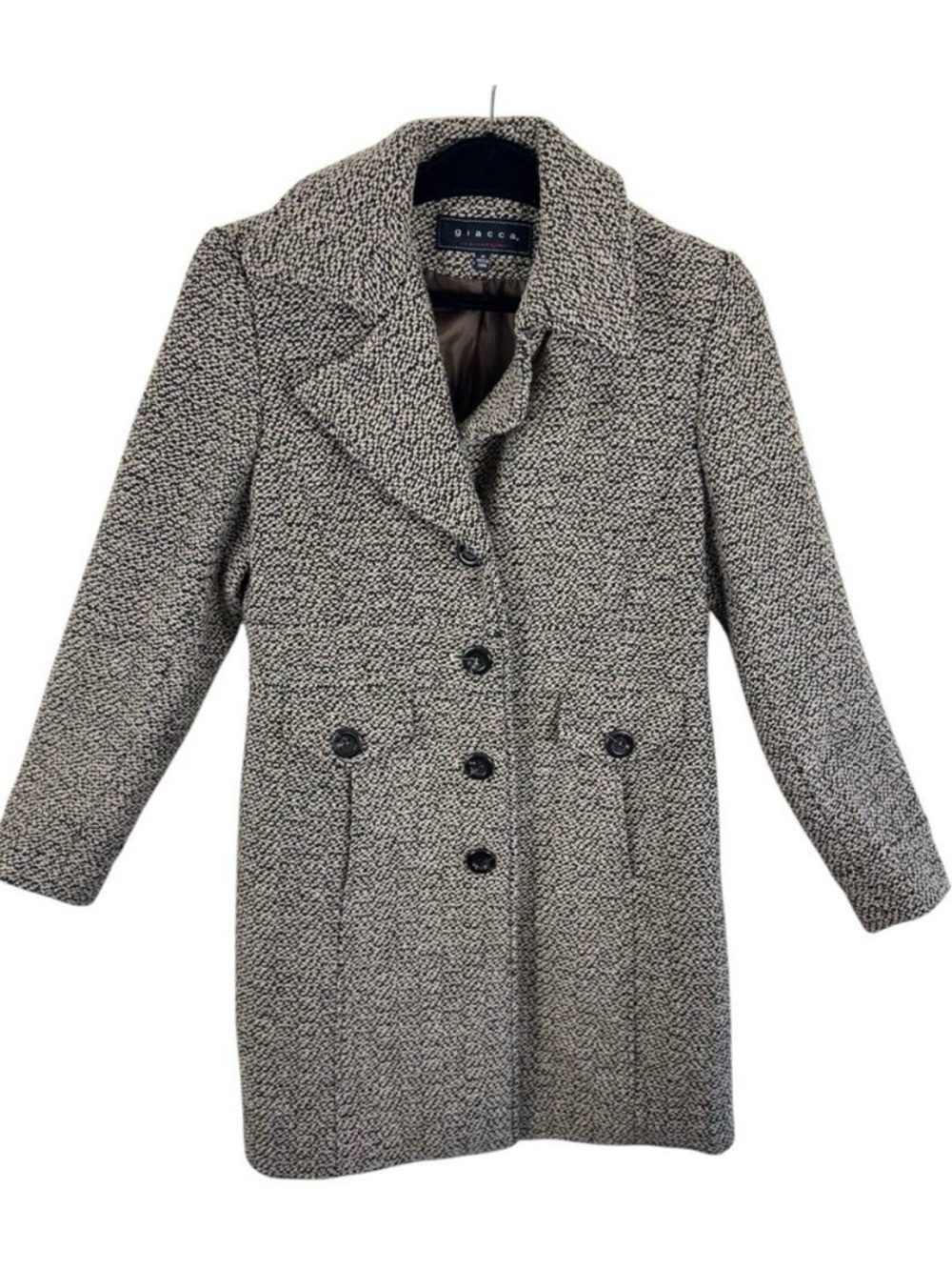 Giacca Wool Blend Tan Brown Long Length Collared Tweed Pea Coat Size M+